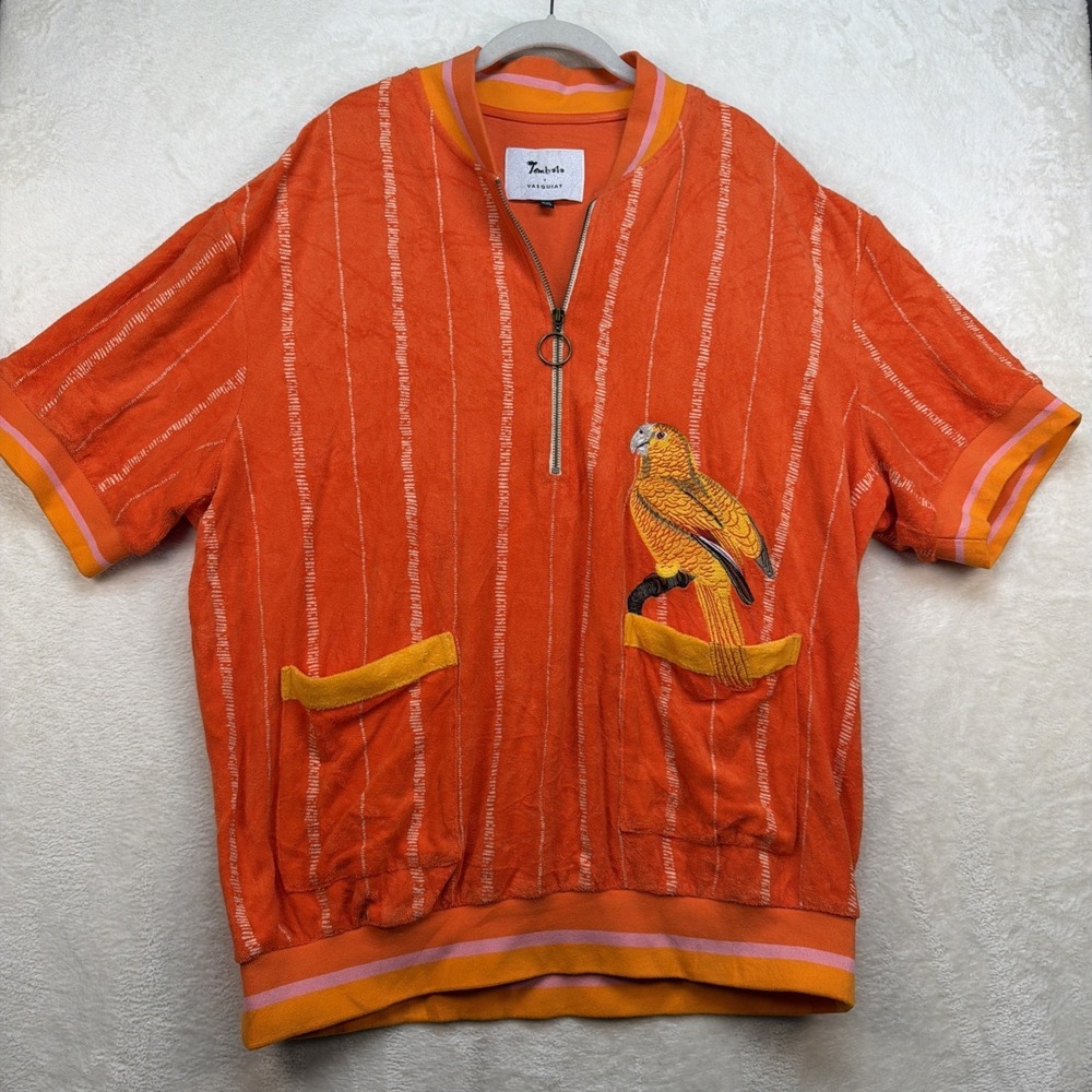 Tombolo x Vasquiat Terry Cloth Quarter Zip Shirt Men's XXL Orange Parrot Pocket